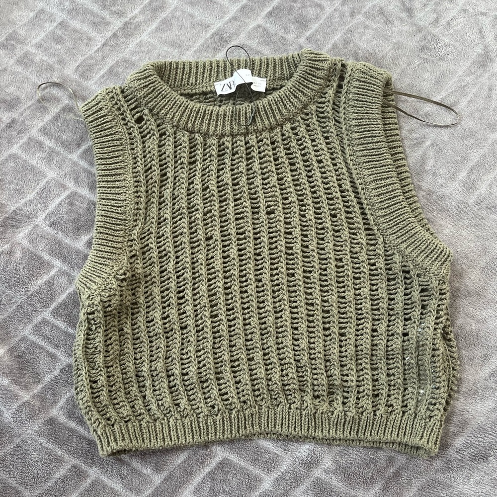 Zara Olive Green Crochet Sweater Top